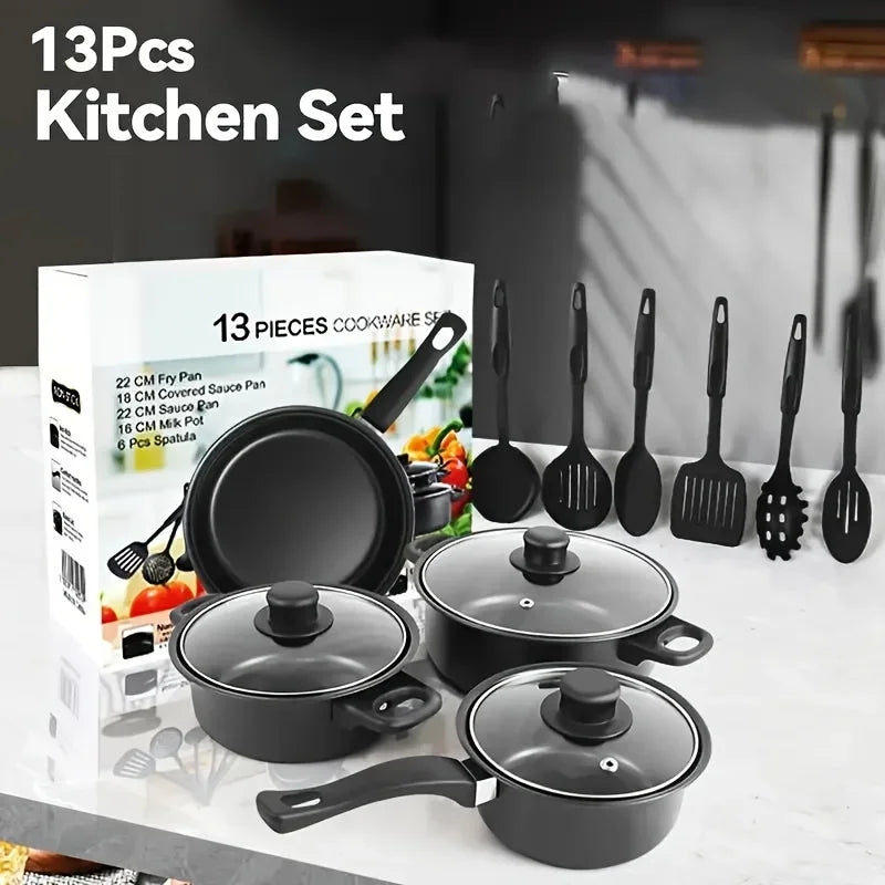 13-Piece Nonstick Cookware Set Black - Induction Compatible Pot Pan Set with Frying Pan & Utensils for Kitchen & Camping